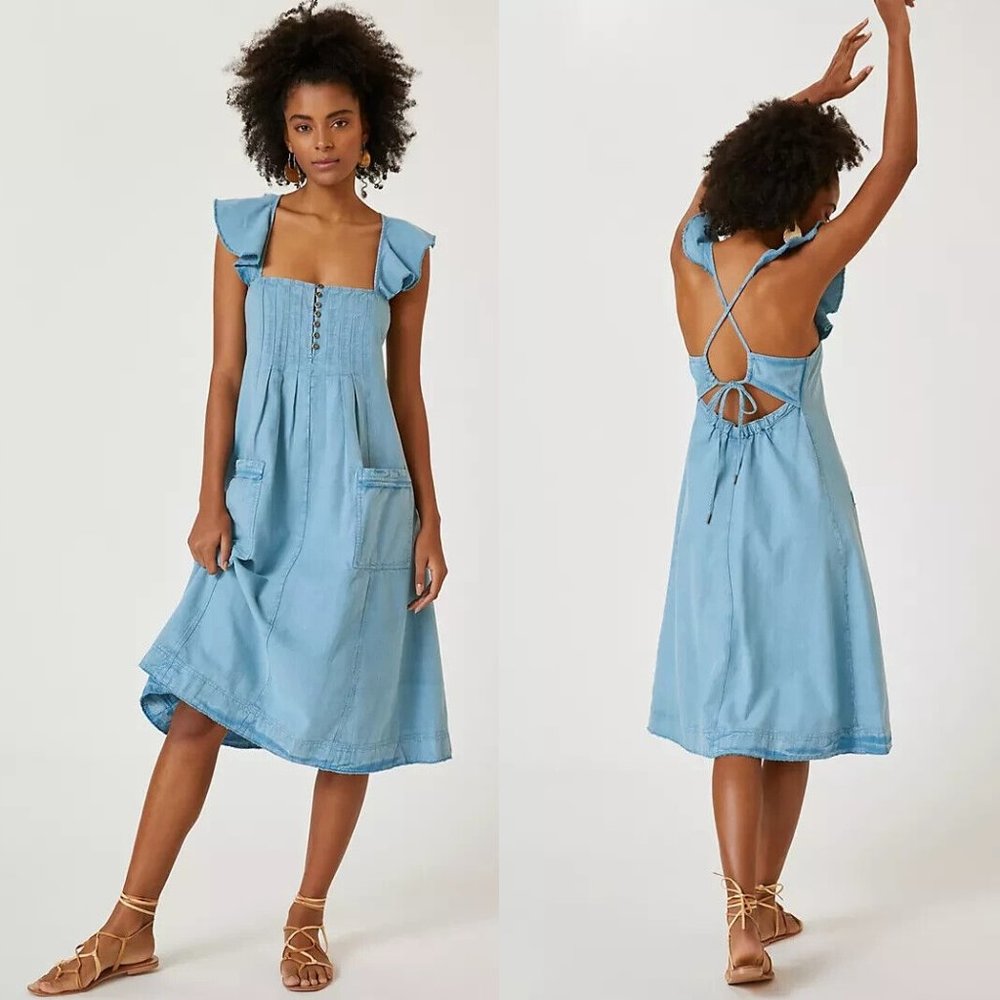 Anthropologie Pilcro Flutter Sleeve Midi Dress size L blue new with tag